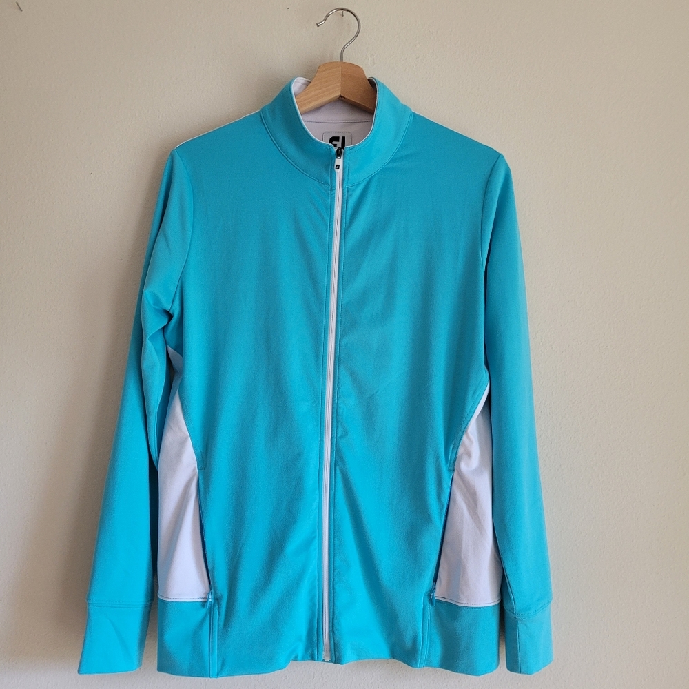 Footjoy Women's Golf Jacket Panel Full Zip Mid Layer baby Blue/White Size Medium
